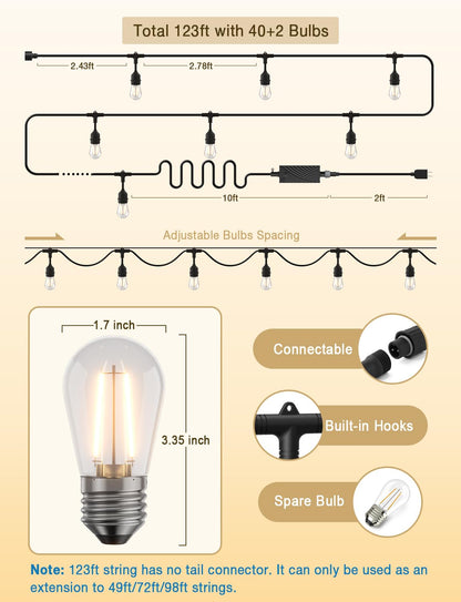 XMCOSY+ Smart Outdoor String Lights, 123Ft LED Patio Lights Waterproof IP65, App Control, Compatible with Alexa, Dimmable Edison Bulbs Outdoor Light for Yard Porch Bistro Outside