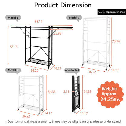 lumizone Folding Clothing Rack with Wheels Expandable Wardrobe Portable Clothes Rack for Hanging Clothes Adjustable Closet Shelves Garment Rack Durable Closet Racks for Hanging Clothes (Pro White)