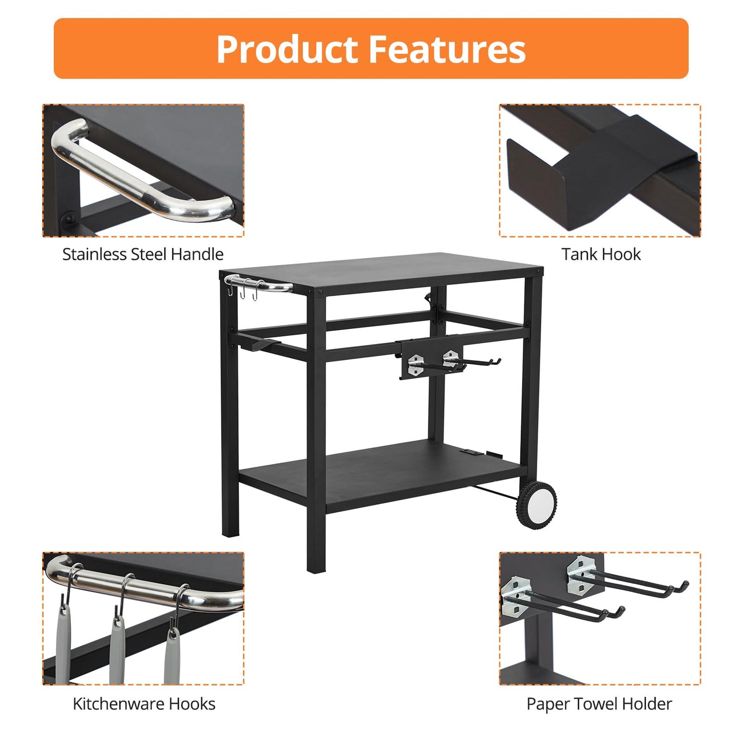 Outdoor Grill Cart - Portable Barbecue Table with Rolling Wheels, Hooks, Double Shelves, Removable Steel Flat Top Work Surface, Side Handles, Multifunctional Commercial Design