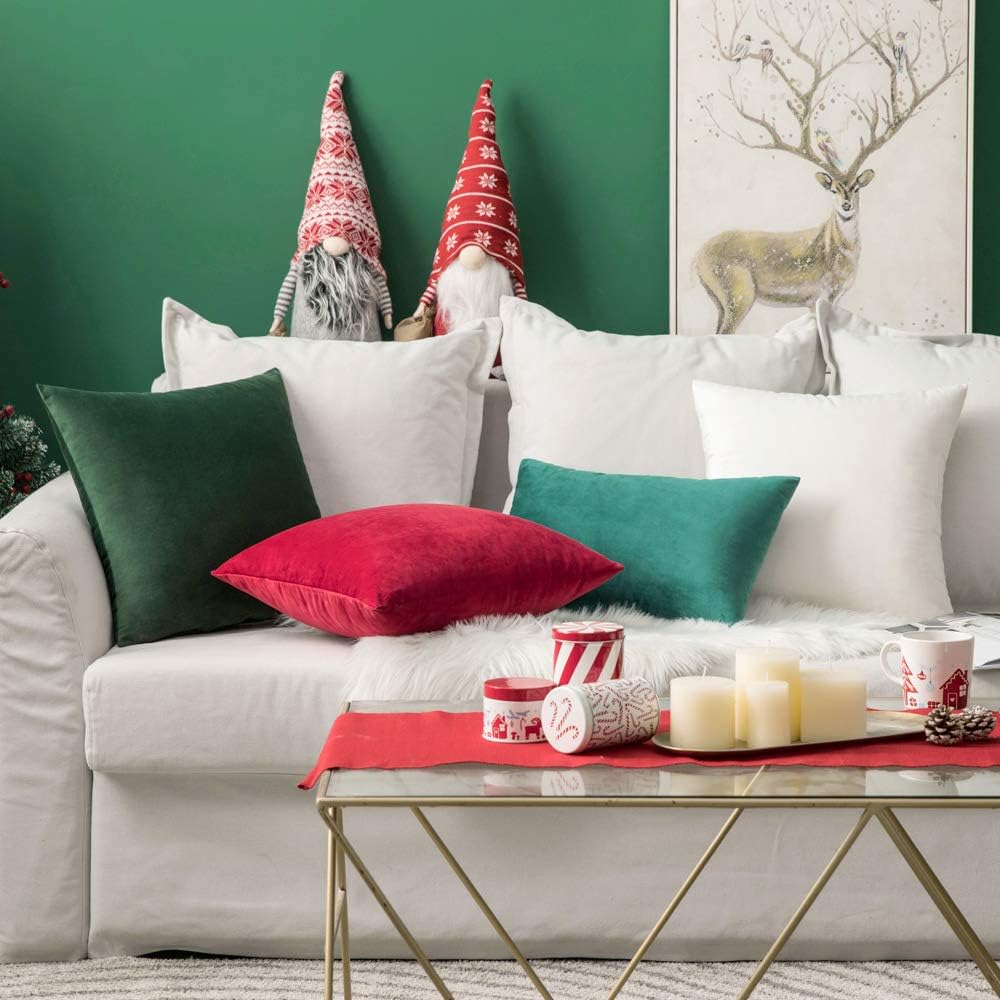 MIULEE Green Velvet Throw Pillow Covers - Soft Decorative Square Cushions | 12x12 Inch Set of 2