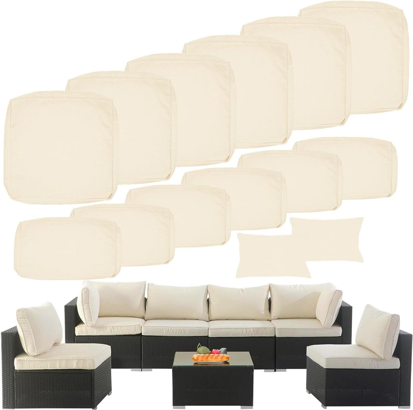 SpaceHop 14 Piece Outdoor Patio Cushion Cover Replacement, Waterproof Patio Cushion Covers, Outdoor Furniture Cushion Covers Set for 6 Seat Wicker Rattan Sofa (Off-White)