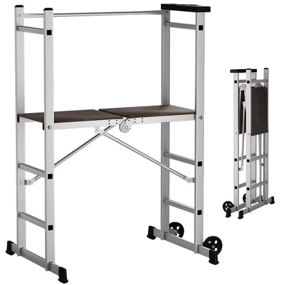 APARECIUM 5' Foldable Aluminum Scaffolding, Portable Scaffolding Ladder, Rolling Scaffolding Work Platform, Scaffold Tower, Ladder Stool Work Bench, Adjustable Work Platform, 330 Lbs Duty Rate