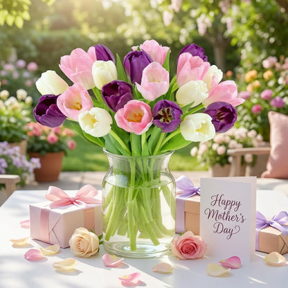 Benchmark Bouquets - White, Pink, Purple Tulips - Fresh Flowers for Delivery - Mothers Day Gifts for Wife - Birthday Flowers for Women - Teacher Appreciation Gifts - Glass Vase Included (20 Stems)