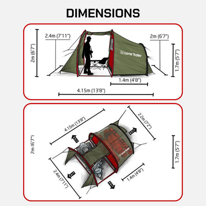 Lone Rider Motorcycle Tent with Bike Compartment - Fully Waterproof 2 Person Camping MotoTent Shelter with Moto Gear Equipment Storage Area - Includes Carry Bag, Groundsheet and Pegs