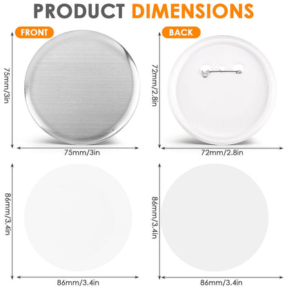 OTYMIOW 100 Sets 3 Inch Button Maker Supplies, 75mm Pin Maker Supplies, Round Badge Parts with Metal Covers, Plastic Pin Backs, Clear Film, Blank Paper, Perfect for Button Maker Machine, DIY Crafts