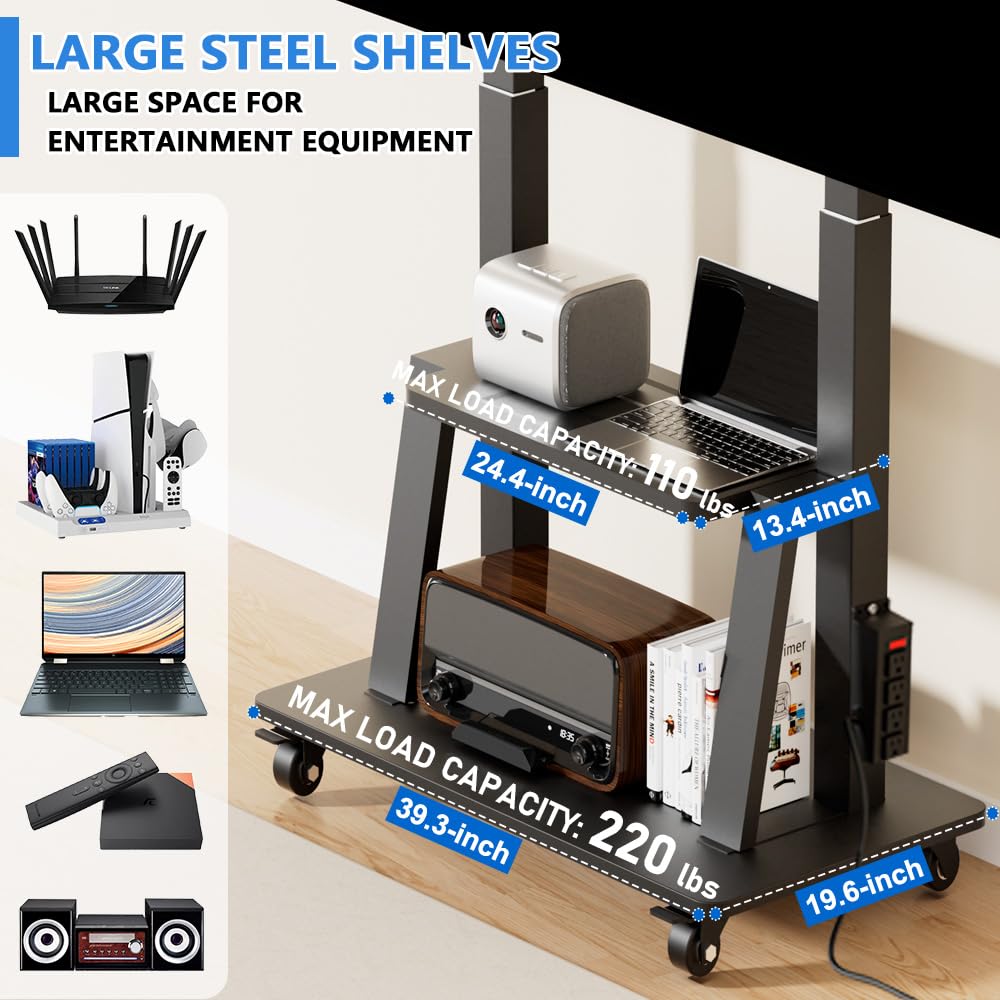 Duiliuu Mobile TV Cart with Power Outlet Rolling TV Stand for 42 to 100 inch Television Heavy Duty Portable TV Stand on Wheels, Height Adjustment, Holds Up to 180 LBS, Vesa 200×200-900×600mm