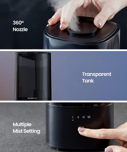 ROSEKM Cool Mist Humidifier - 2.0L Ultrasonic Design for Bedroom & Nursery | Quiet, Filterless, Black