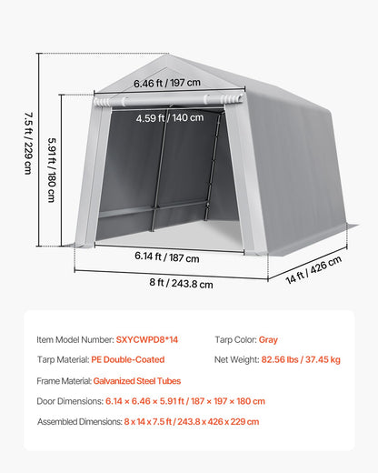 VEVOR Portable Outdoor Storage Shelter Shed, 8 x 14 x 7.6 ft Heavy Duty Instant Storage Tent Garage Sheds with Roll-up Zipper Door for Motorcycle, Bike, Garden Tools