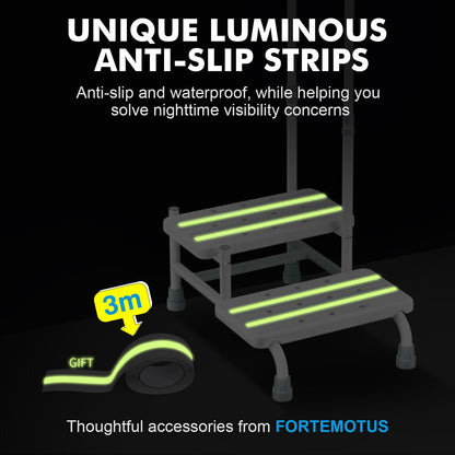 FORTEMOTUS 2 Step Stool with Handle for Elderly - Heavy Duty Bed Steps for High Beds for Adults with Adjustable Handrail &Non-Skid Platform, Foot Stool Ladder for Bedside, Kitchen, Car, RV, Bathtub