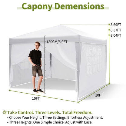 White 10x10 Pop-Up Canopy Tent with 4 Sidewalls – Portable Instant Shelter, Waterproof Outdoor Gazebo for Camping, Parties, Backyard & Beach Activities