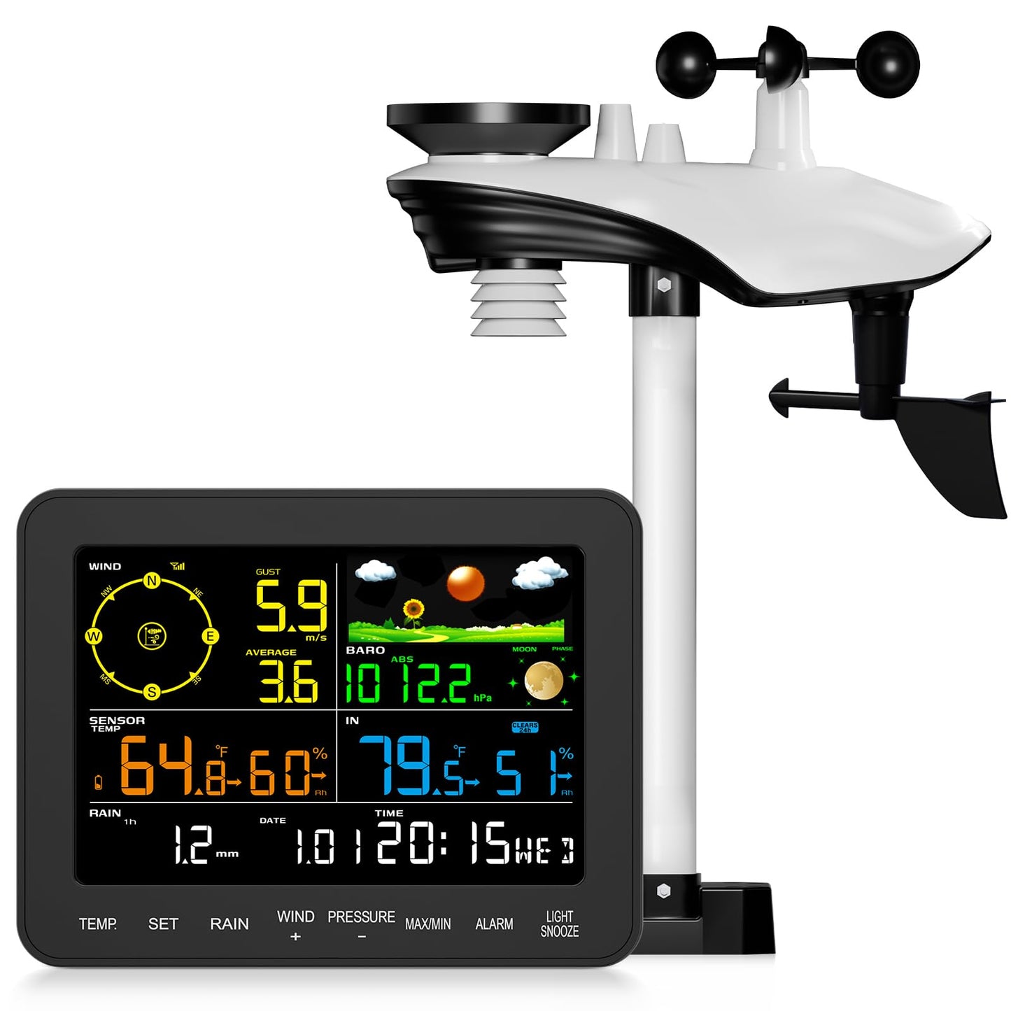 Home Weather Station Wireless with Rain Gauge, Indoor Outdoor Thermometer, Humidity, Barometric Pressure, Forecast, Moon Phase, Bedroom Alarm (No WiFi)