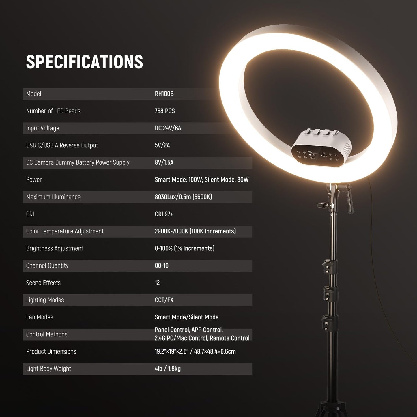 NEEWER 19" 100W High Power LED Ring Light with Tripod Stand & 3 Phone Holders Compatible with iPhone, 2900-7000K CRI97+ App&2.4G Control Lighting for Selfie Video Recording Makeup Streaming, RH100B