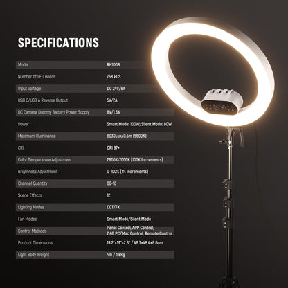 NEEWER 19" 100W High Power LED Ring Light with Tripod Stand & 3 Phone Holders Compatible with iPhone, 2900-7000K CRI97+ App&2.4G Control Lighting for Selfie Video Recording Makeup Streaming, RH100B