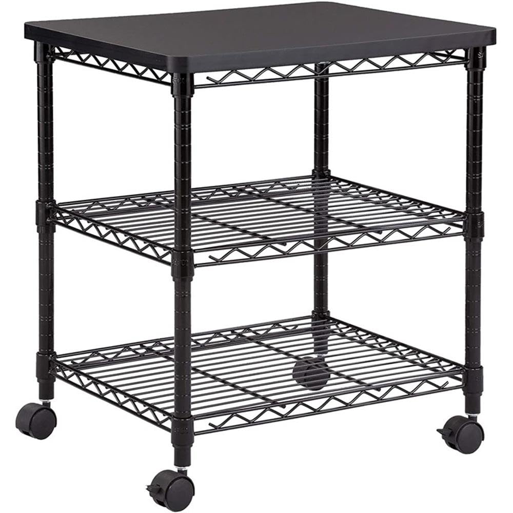 Safco Deskside 3 Tier Rolling Cart Printer Stand, Mobile Utility Table for Home Office with Steel Shelves, Black