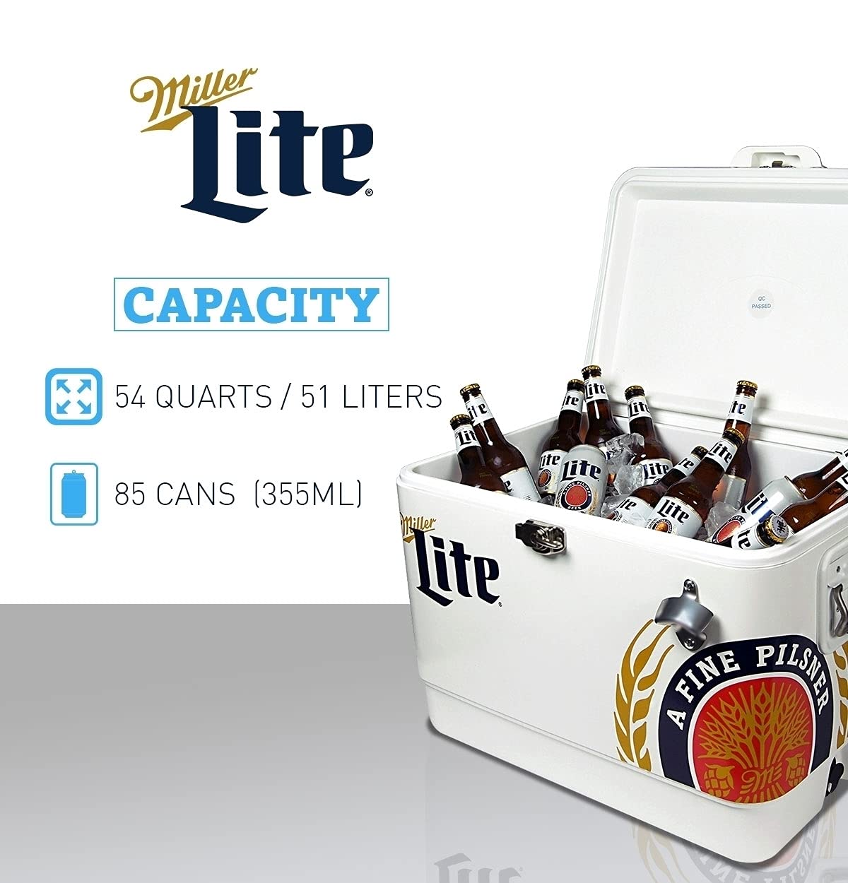 Miller Light Ice Chest Cooler - 85 Can Ice Box, Portable Ice Bucket with Bottle Opener, Vintage Style, Insulated for Camping, Beach, Picnic, RV, BBQs, Tailgating, Fishing, Steel-Belted, 51L (54 qt)