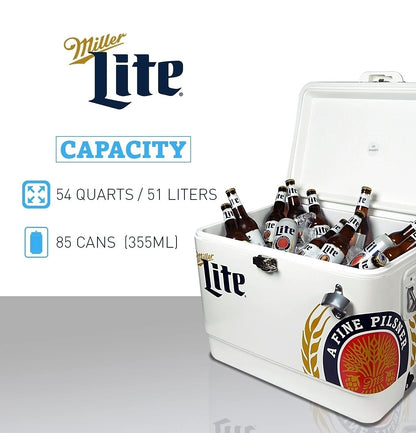Miller Light Ice Chest Cooler - 85 Can Ice Box, Portable Ice Bucket with Bottle Opener, Vintage Style, Insulated for Camping, Beach, Picnic, RV, BBQs, Tailgating, Fishing, Steel-Belted, 51L (54 qt)