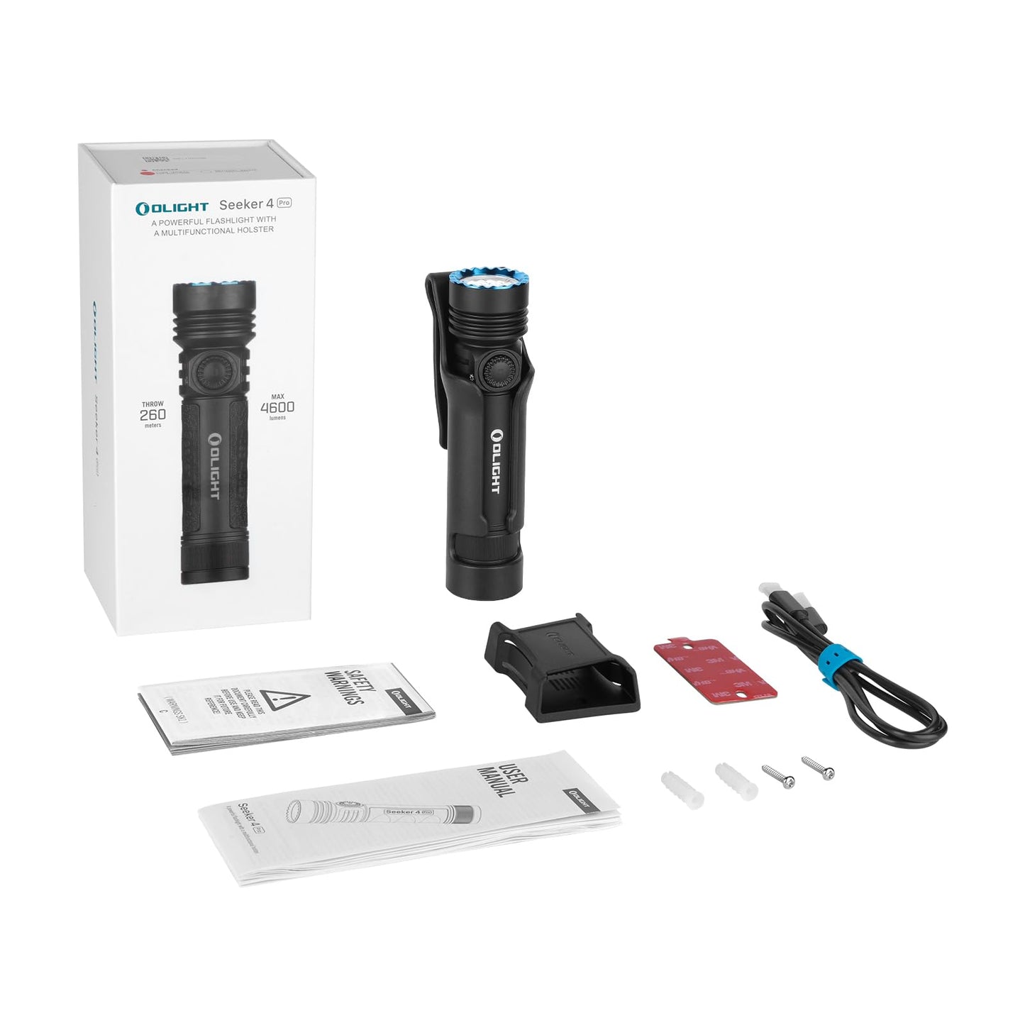 OLIGHT Seeker 4 Pro Rechargeable Flashlights, 4600 Lumens High Powerful Bright Light with USB C Holster, Waterproof IPX8 for Emergencies, Camping, Searching (Matte Black Cool White)