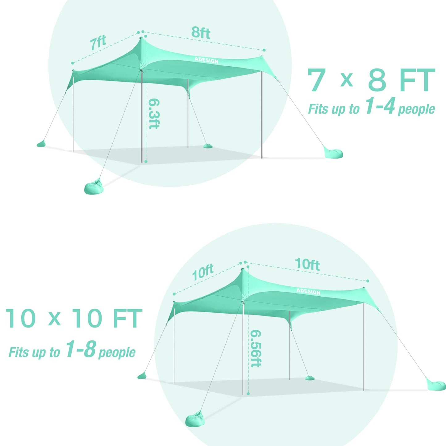ADesign Windproof Beach Tent Sun Shelter with 8 Sandbags, Wind Resistant Large Family Beach Canopy with Sand Shovel, UPF50+, 6.5 FT Tall, Easy Setup Sun Shade for Beach Vacation