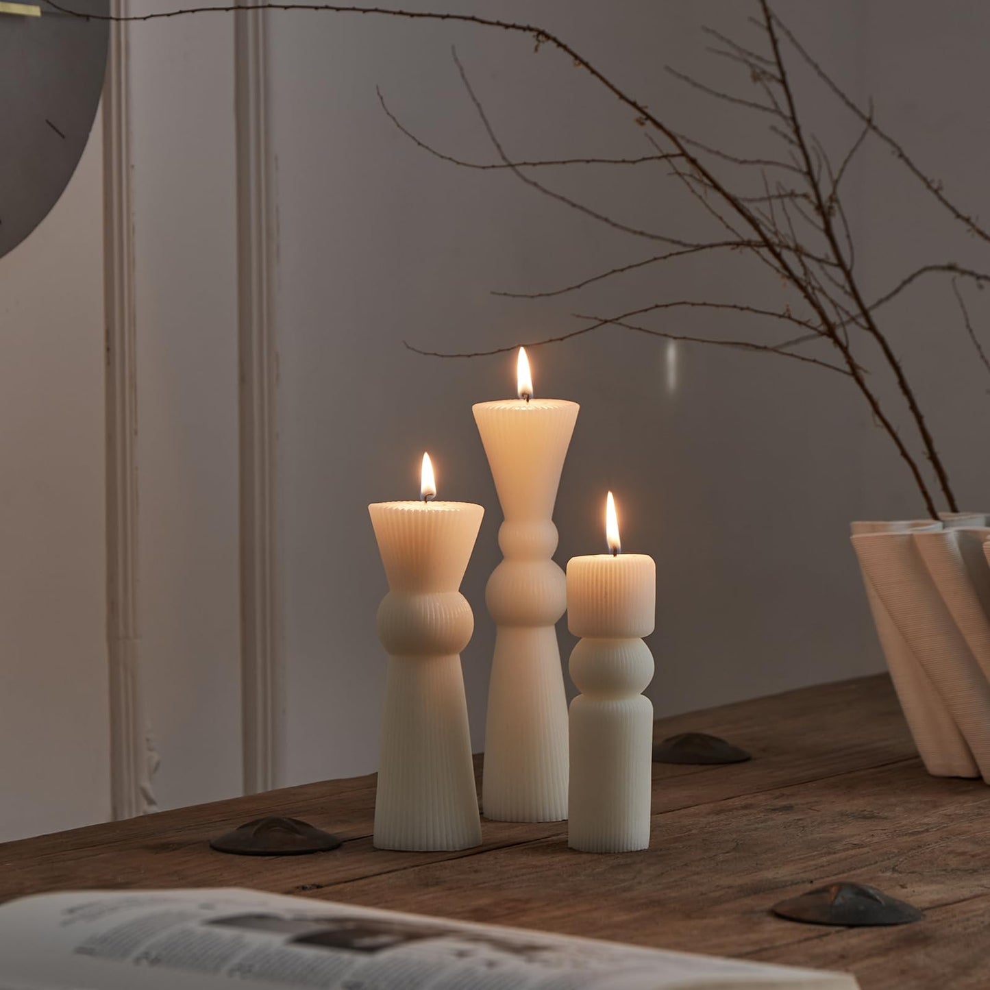 NATCENSE 3Pcs Pillar Candles Set - Handmade Ribbed Design for Modern Home Decor, Housewarming Gift, Room & Shelf Aesthetic Decoration, Long-Lasting Burning (White)