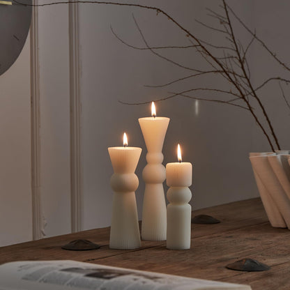 NATCENSE 3Pcs Pillar Candles Set - Handmade Ribbed Design for Modern Home Decor, Housewarming Gift, Room & Shelf Aesthetic Decoration, Long-Lasting Burning (White)