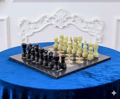 Large Handmade Full Chess Set Marble Chess Board 32 Chess Game Pieces Unique Home décor. Handcrafted Tournament Chess Board - 2 Players. (Black MultiGreen)