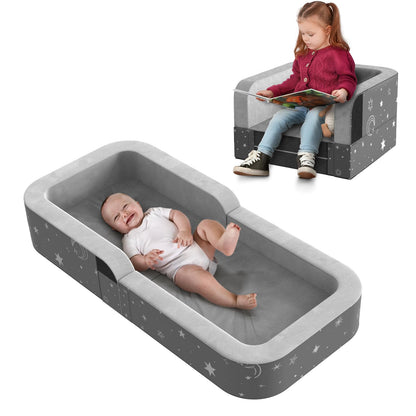 Derson Toddler Travel Bed, Portable Travel Beds - Foldable Soft Foam Floor Cot with Washable Cover, 2-in-1 Convertible Sofa Bed for Toddler and Kids for Indoor & Outdoor Use (Star Grey)