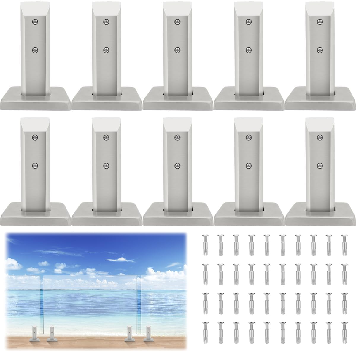 LukLoy 2.1lb Heavy Duty 2205 Stainless Steel Glass Pool Fence Spigot Balustrade Railing Post Clamp Bracket for Balcony Garden Deck Handrail, Brushed (10Pack, Each NW 2.1lb, GW 3.0lb) - Level 2