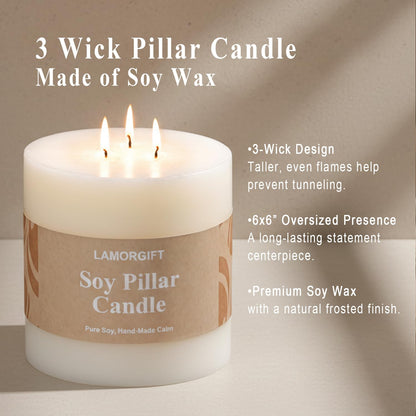 LAMORGIFT 3 Wick Soy Pillar Candle - 6x6” Extra Large Unscented White Pillar Candle, Hand-Poured Soy Wax Candle with Frosted Finish, Long Lasting Large Centerpiece Candle for Home Decor & Weddings