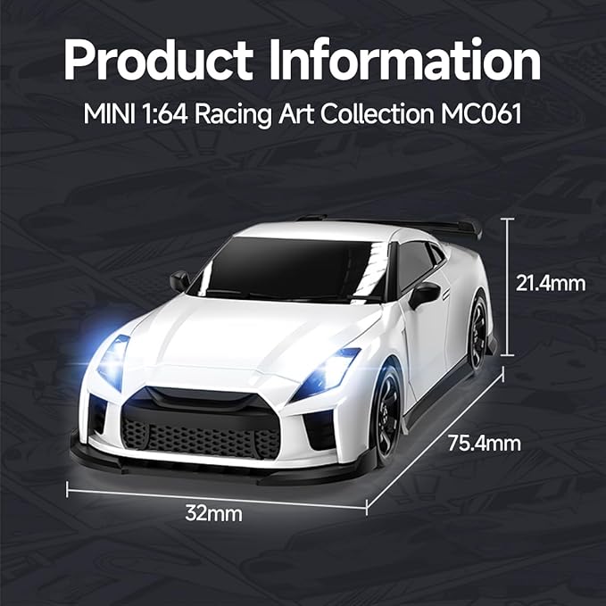 1/64 Scale RC Drift Car - 2.4GHz Half-Scale Remote Control 4WD High-Speed Mini Remote Control Car with Racing Lights (White)