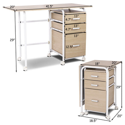 Tangkula Folding Computer Desk with 3 Drawers, Mobile Home Office Desk, Portable Laptop Desk Writing Table, Space Saving Compact Desk for Small Spaces, Dorm, Apartment