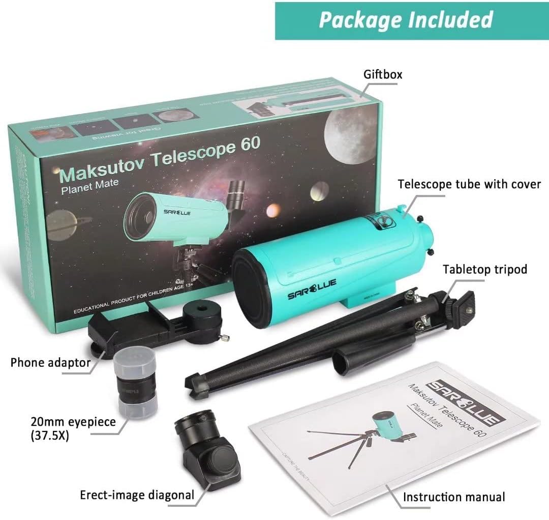 Maksutov-Cassegrain Telescope for Adults Kids Astronomy Beginners, Sarblue Mak60 Catadioptric Compound Telescope 750x60mm, Compact Portable Travel Telescope, with Tabletop Tripod Phone Adapter