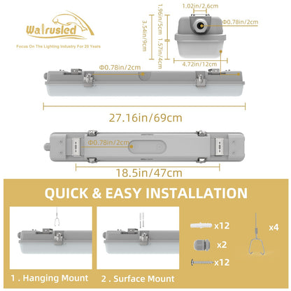 2FT LED Vapor Tight Light, IP65 IK08, 10W(1250lm)/20W(2500lm), 3/4/5000K CCT Selectable, 100-277V, Outdoor Waterproof Shop Light, Vapor Proof Lighting Fixture for Carport Parking Garage, FCC 2-Pack