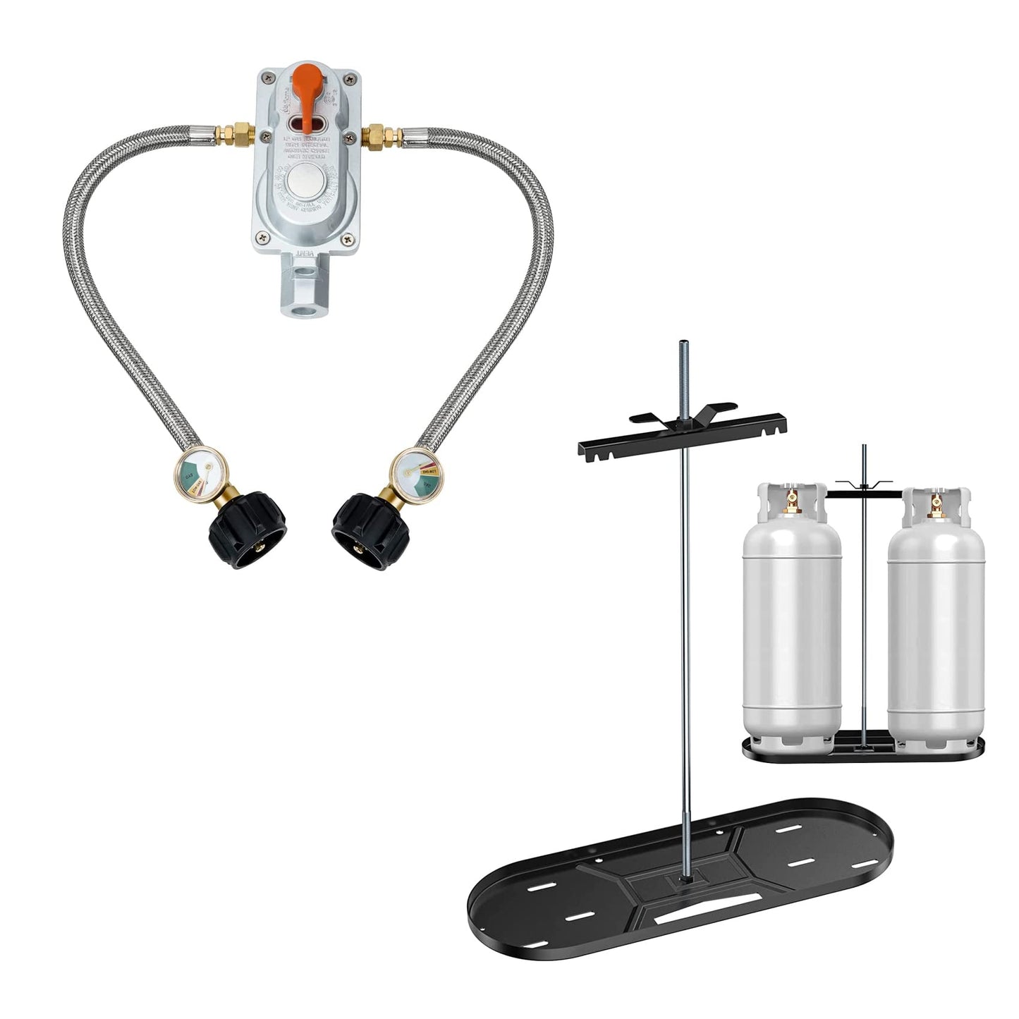 Skyflame 2-Stage Auto Changeover Propane Gas Rv Regulator Kit with 2PCS Gauges and Dual Propane Tank Mounting Rack for 40 lbs Tanks