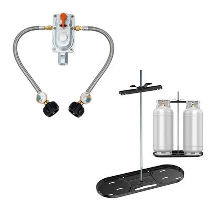 Skyflame 2-Stage Auto Changeover Propane Gas Rv Regulator Kit with 2PCS Gauges and Dual Propane Tank Mounting Rack for 40 lbs Tanks