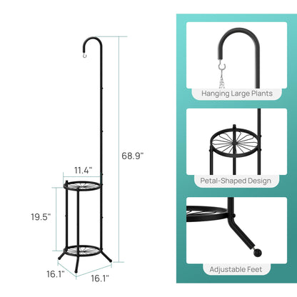 2-Tier Hanging Plant Stand, Heavy Duty Metal Planter Rack - Space Saving Indoor/Outdoor Shelves with 41" Hanging Space - Display Multiple Flower Pots, Tall Iron Plant Organizer for Living Room, Patio & Garden