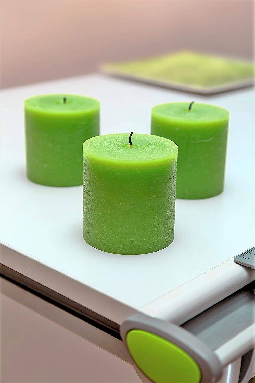 Set of 3 Pillar Candles 3" x 3" Unscented Handpoured Weddings, Home Decoration, Restaurants, Spa, Church Smokeless Cotton Wick - Green
