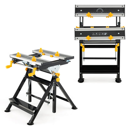 Toolsempire Portable Workbench, Folding Work Bench and Vise with 2 Rotary Handles, 7-Level Adjustable Height, 8 Sliding Clamps, Tiltable & Extendable Tabletop, Workbench Table for Garage, Workshop