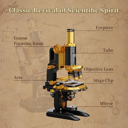 PANTASY Retro Microscope Building Kit for Adults Antique Science Instrument Model with Mechanical Design Brass Finish &amp Lab Accessories Collectible Display Brick Set
