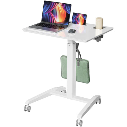 Gibbon Mounts Glass Mobile Standing Desk, Height Adjustable Rolling Laptop Table, 27 inches Portable Sit Stand Desk with Wheels and Hook, Pneumatic Computer Workstation, White