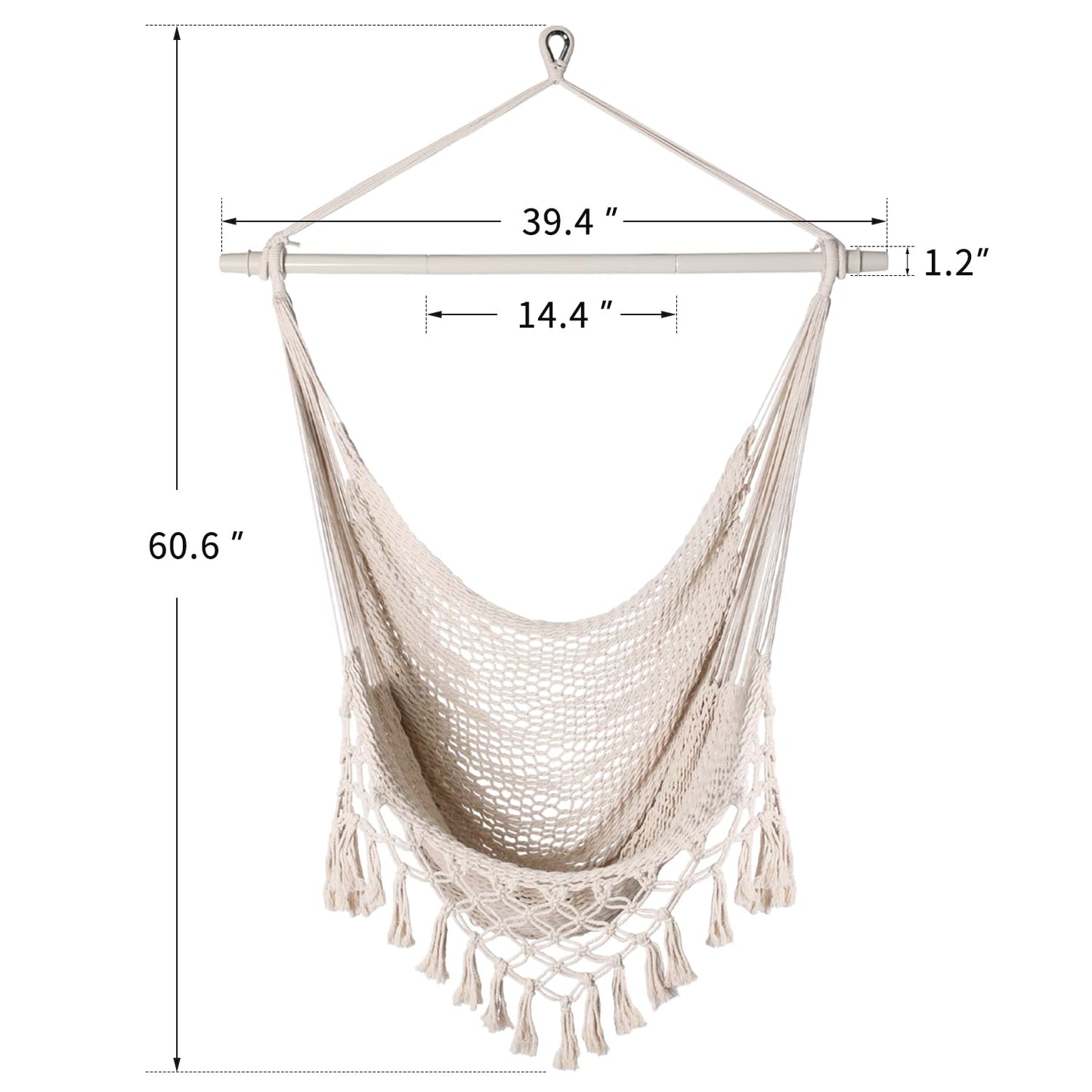 Handwoven Cotton Rope Hammock Chair with Metal Spreader Bar and Stand, Boho Hanging Chair Bedroom, Indoor Outdoor Swing Chair with Tassle