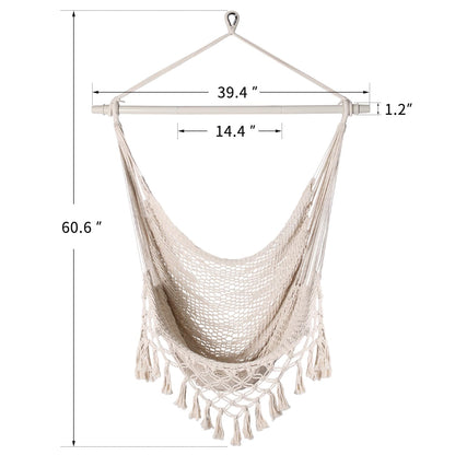 Handwoven Cotton Rope Hammock Chair with Metal Spreader Bar and Stand, Boho Hanging Chair Bedroom, Indoor Outdoor Swing Chair with Tassle