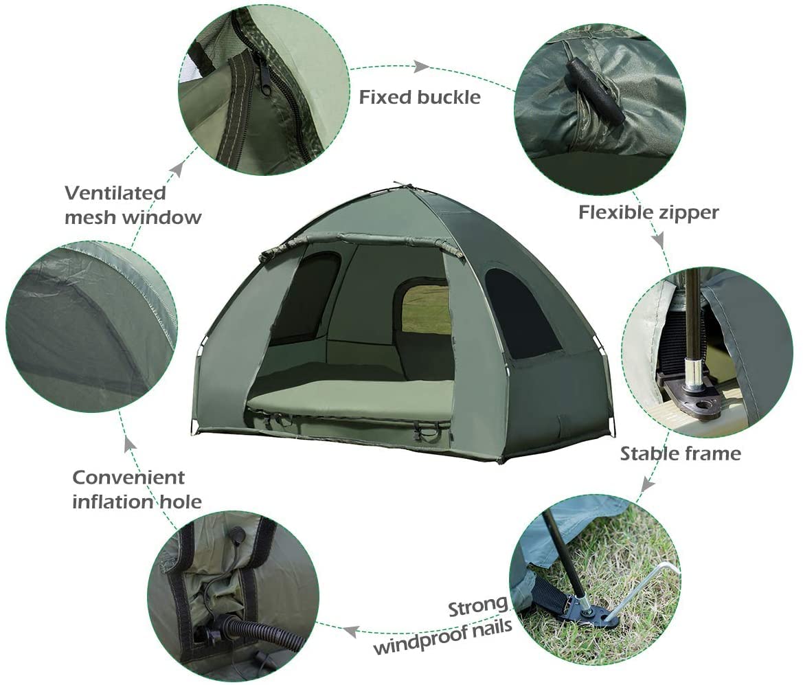LUARANE Double Tent Bed, Outdoor Folding Tent Set with Air Mattress & Sleeping Bag, 2 Person Waterproof Raised Camping Tent Bed with Carry Bag, Suitable for Hiking, Camping, Picnics