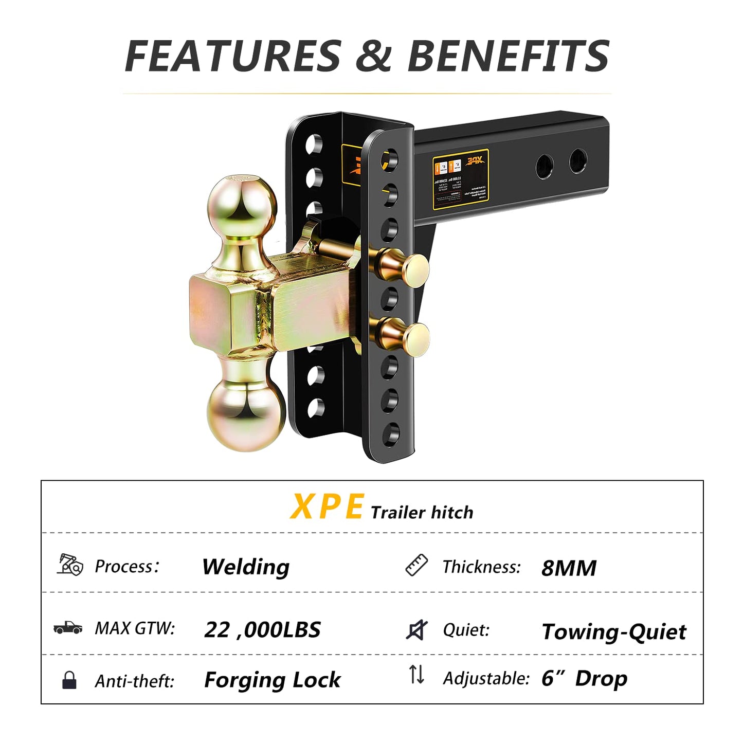 Adjustable Trailer Hitch, Fits 2.5-Inch Receiver, 6-Inch Drop/Rise,2" & 2-5/16" Ball Hitches for Trucks, 22,000 LBS GTW - Receiver Hitch with Anti-Theft Pin, Solid Ball Mount, BLK,X-452506