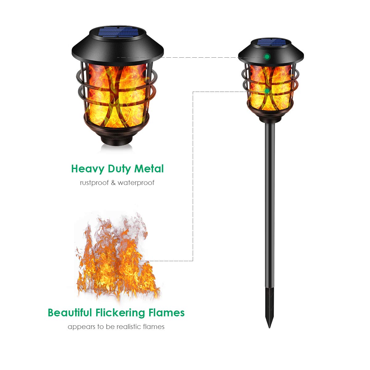TomCare Solar Outdoor Lights Metal Flickering Flame Torches Waterproof Heavy Duty Pathway Landscape Lighting Dusk to Dawn Auto On/Off for Garden Patio Yard, 4 Pack