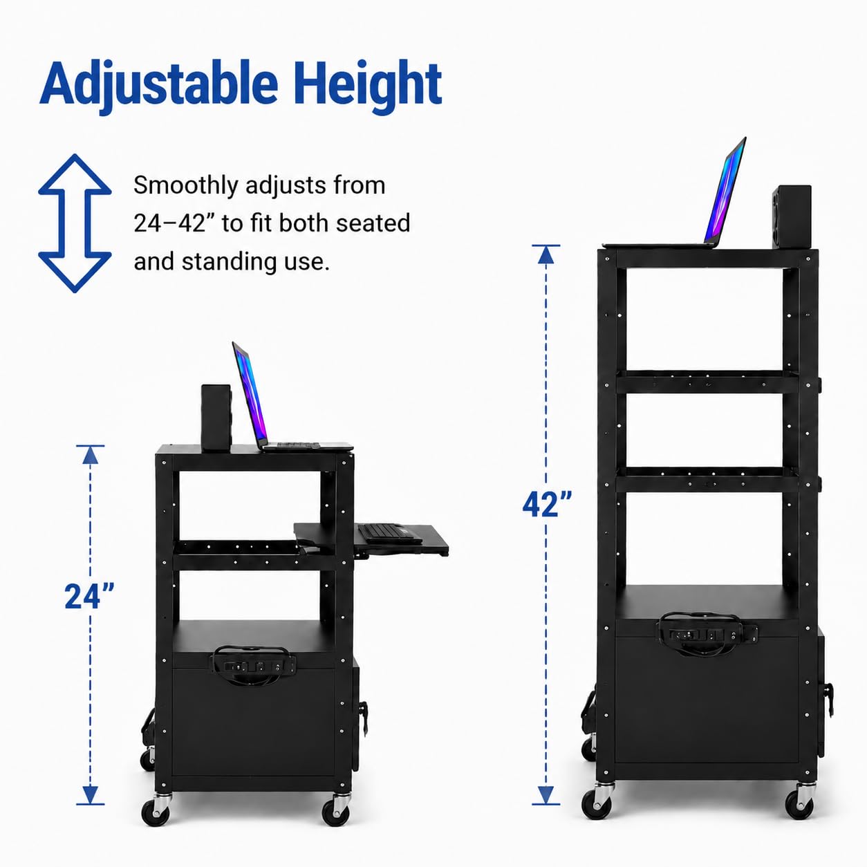 GarveeLife Portable AV Cart with Locking Storage Cabinet, Adjustable Laptop Stand & Drop Leaves, Rolling Workstation with Power Outlets for Classroom, Office, or Home Use