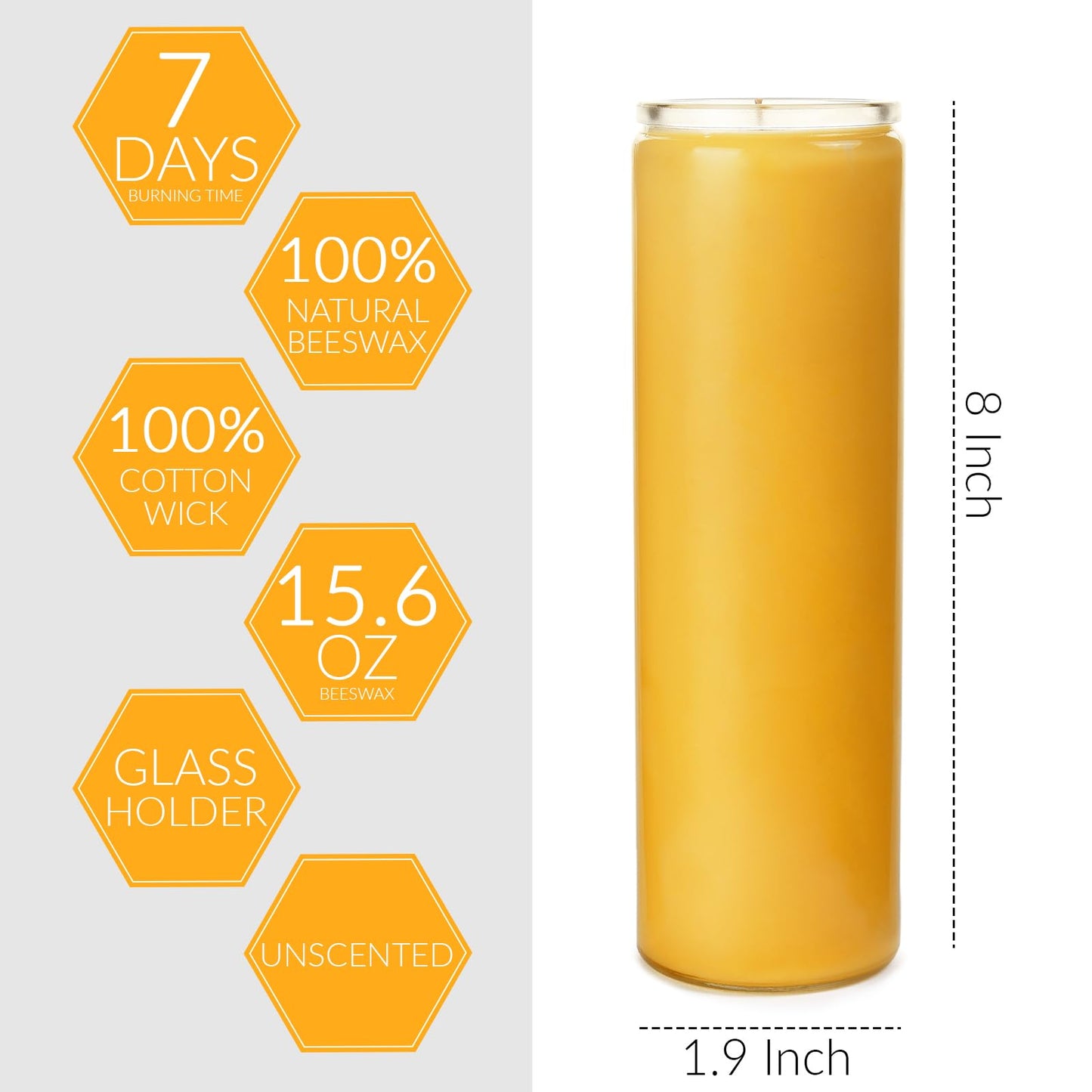 7-Day Pure Beeswax Yartzeit Candle - Unscented Devotional Prayer Candle in Glass Container for Vigils, Prayers, Blessings, Memorial, Yom Kippur & Religious Ceremonies