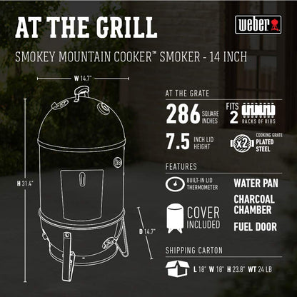 Weber Smokey Mountain Cooker 14-Inch Charcoal Smoker – Outdoor BBQ Smoker with Dual Cooking Grates, Porcelain‑Enameled Kettle & Temperature Control Dampers