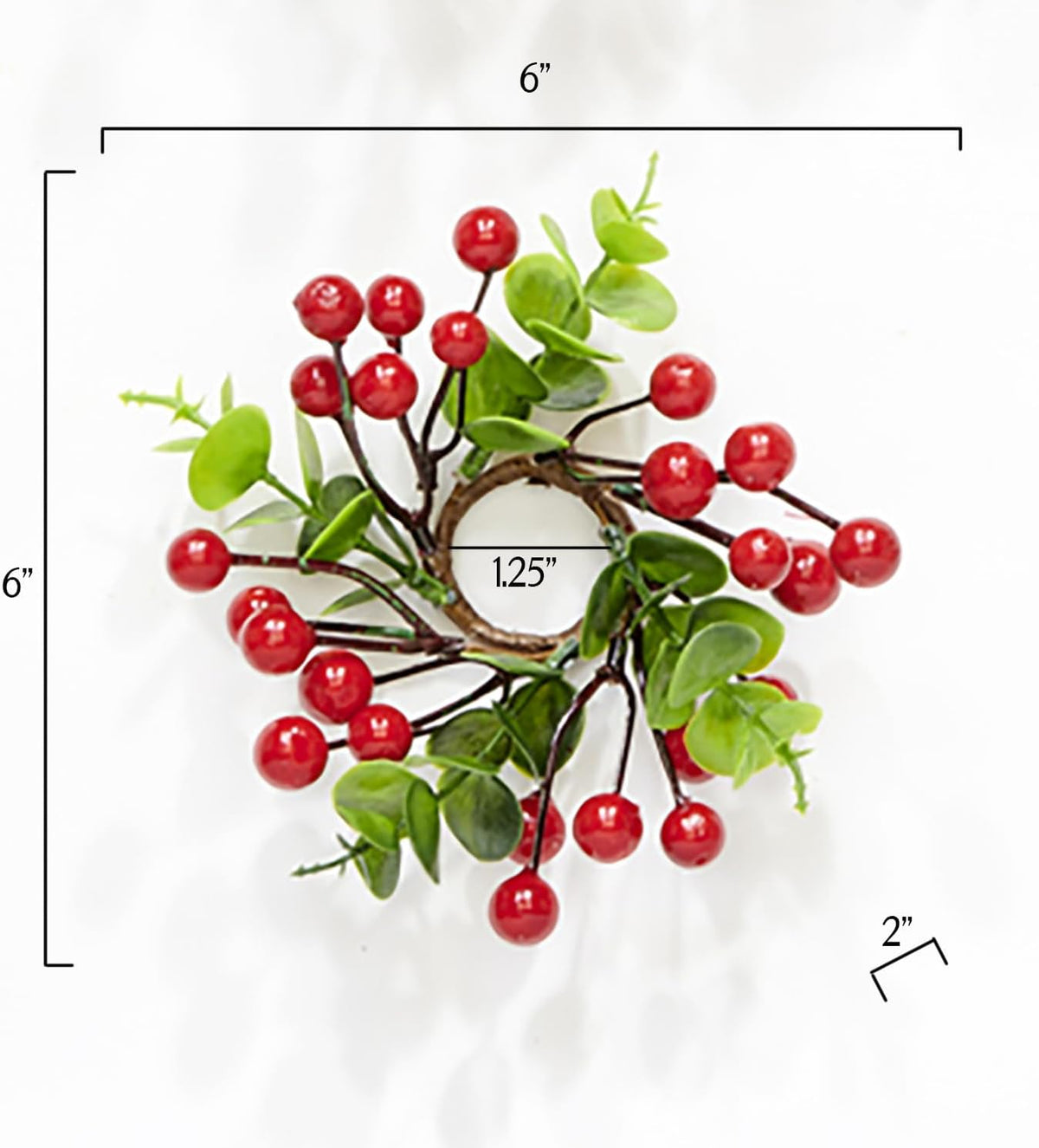 Skiennix Artificial Christmas Candle Ring Set - Red Berries & Eucalyptus, 1.25" Inner Diameter, Set of 6