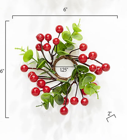 Skiennix Artificial Christmas Candle Ring Set - Red Berries & Eucalyptus, 1.25" Inner Diameter, Set of 6