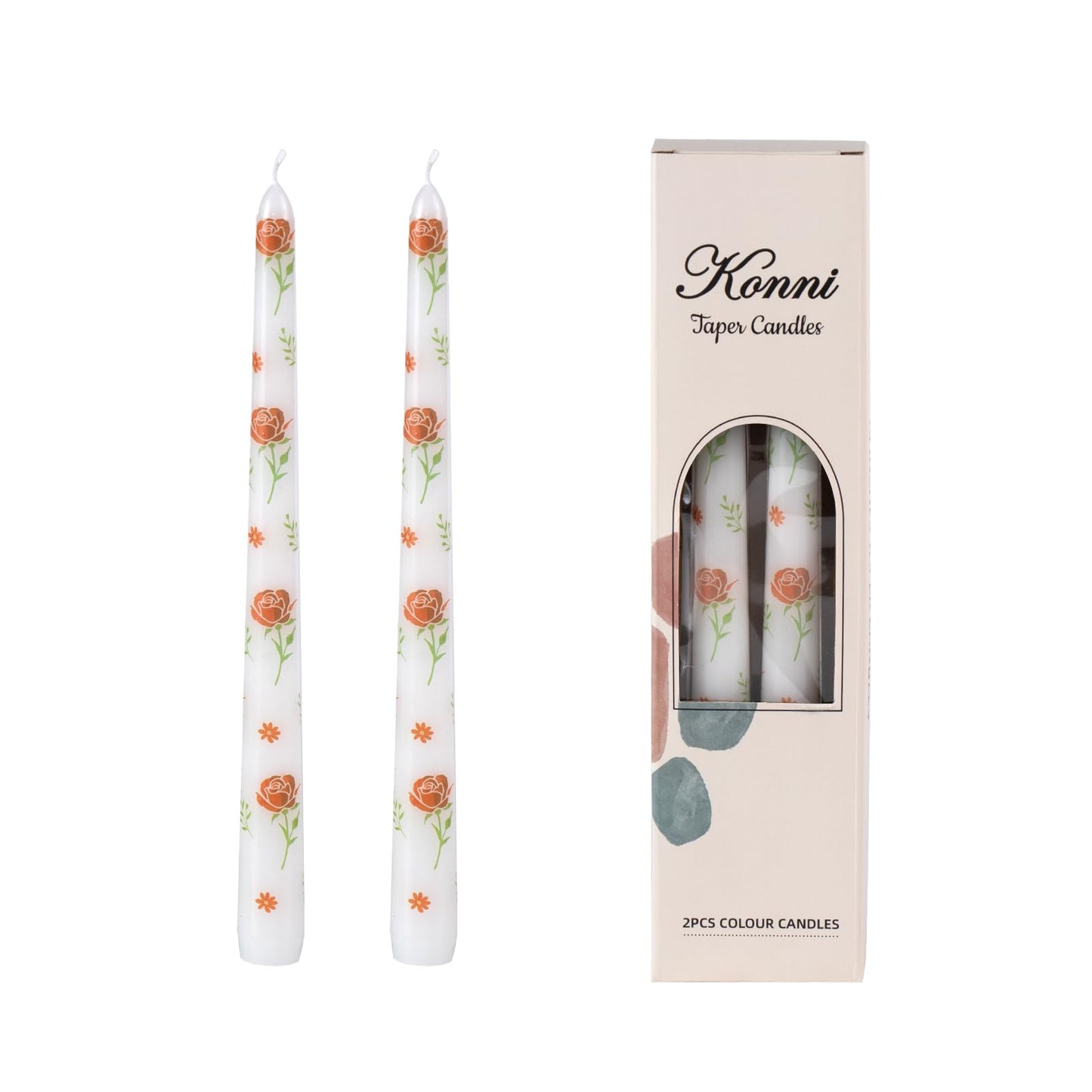 Taper Candles,10 inch 2pc White Tapered Candles with Red Rose Printed, Unscented and Smokeless Long Burning Candles,Tall Candlesticks with Cotton Wicks,Ideal for Weddings, Home Décor